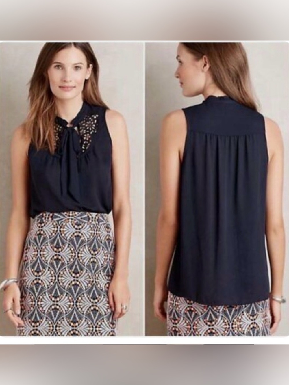 Maeve by Anthropologie Luca Sleeveless Navy Tie-Neck Blouse size 12